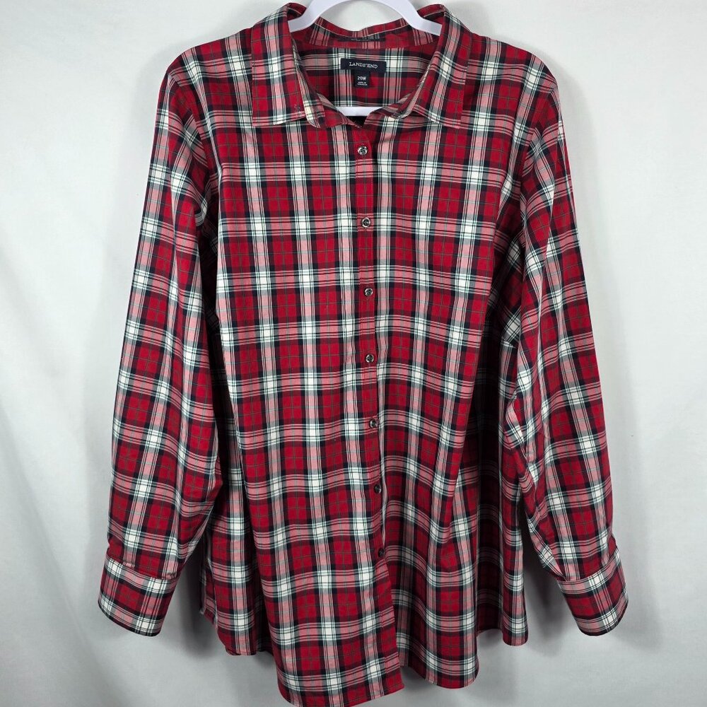 Lands' End Blouse Women's Size 20W No Iron Red Plaid Supima Cotton Long Sleeve